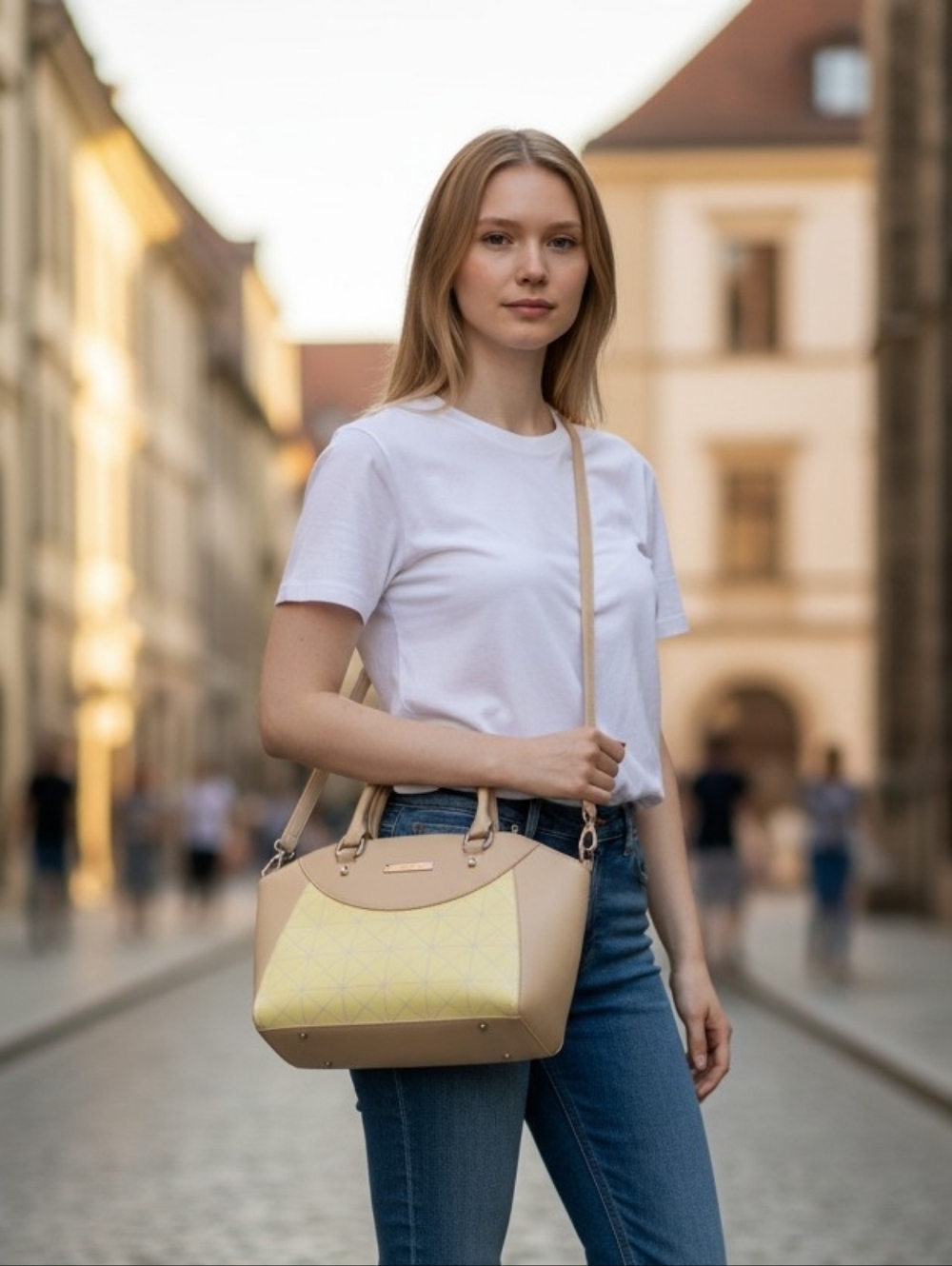 Charles Jourdan Leather Tan & Yellow Lizzy Bag